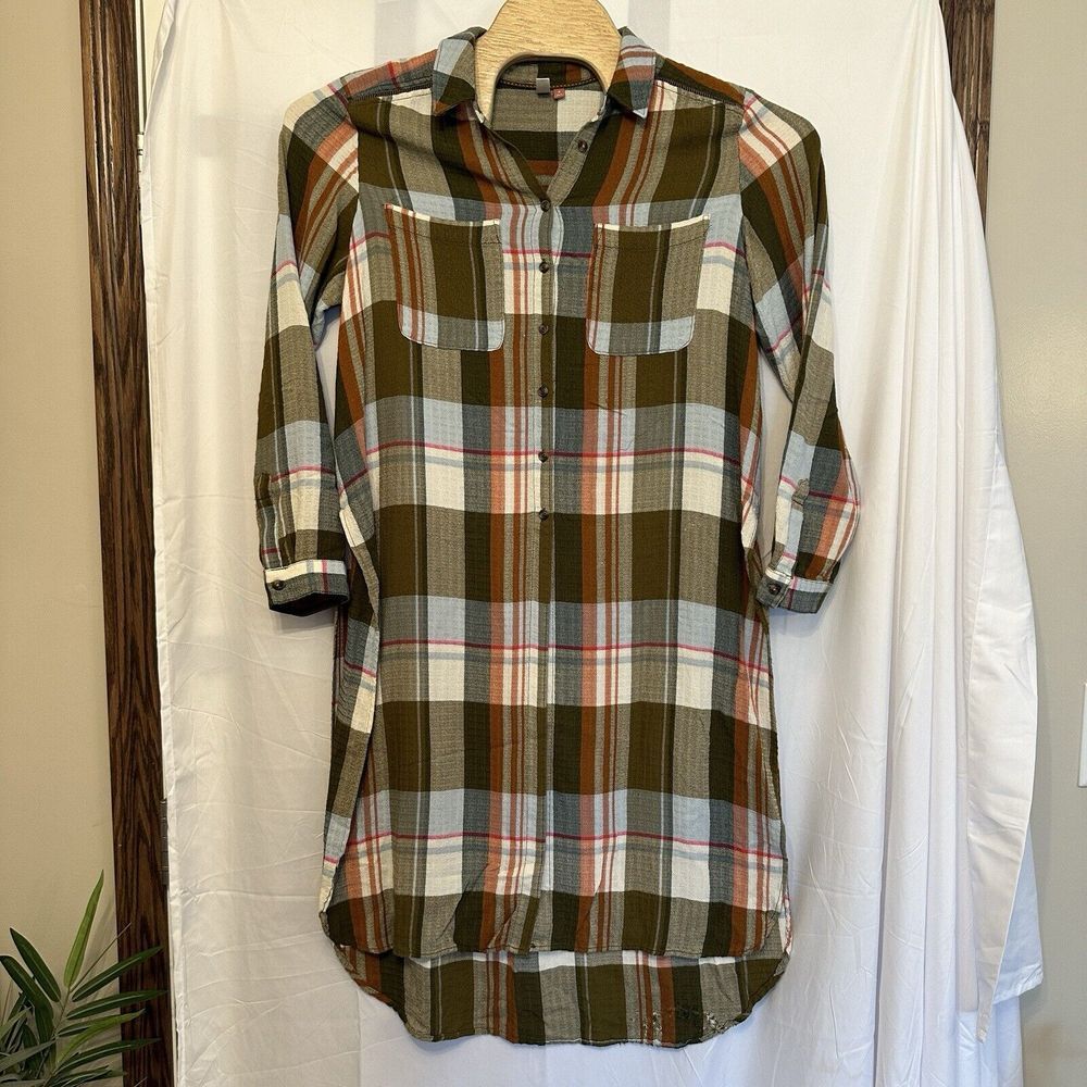 Anthropologie Pilcro Size Medium Plaid Side-Slit Maxi Tunic Duster Button Down